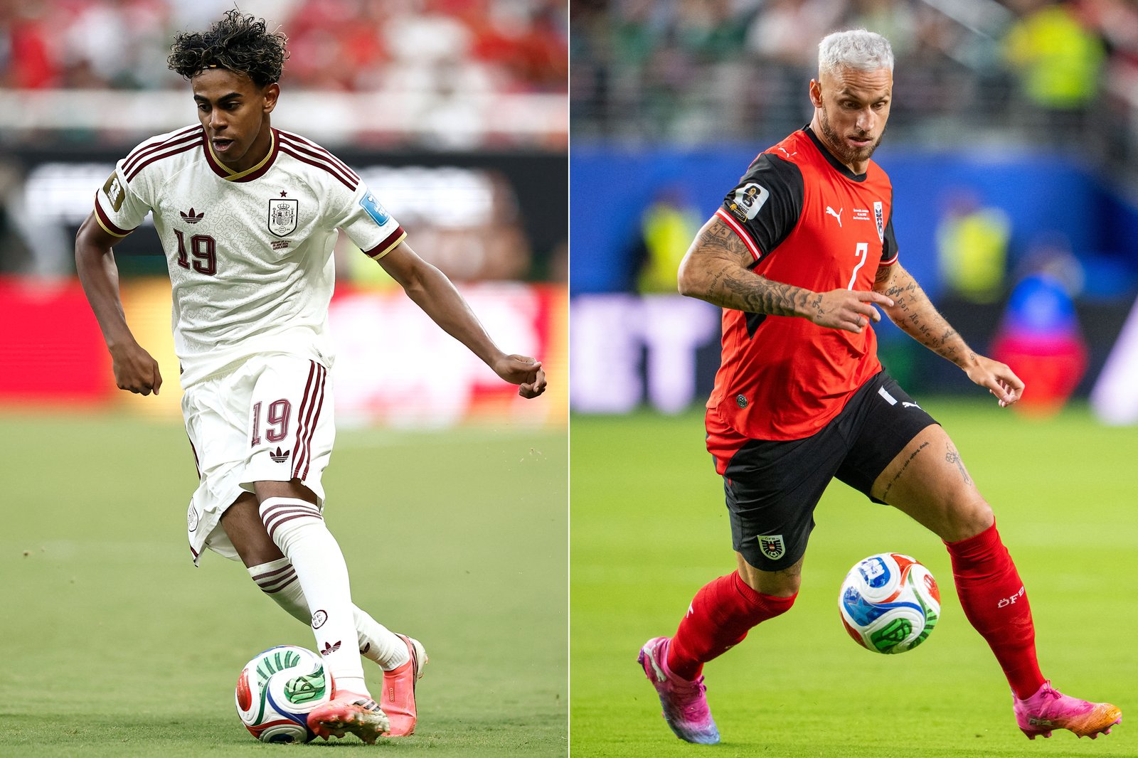 Eine Bildkombination zeigt zwei Schlüsselspieler vor dem Sechzehntelfinale der WM 2026: Spaniens Offensivjuwel Lamine Yamal (links) und Österreichs Kapitän Marko Arnautović. Spanien und Österreich treffen am 2. Juli 2026 im Los Angeles Stadium in Inglewood aufeinander. (Copyright AFP/Ulises Ruiz, Georg Hochmuth)