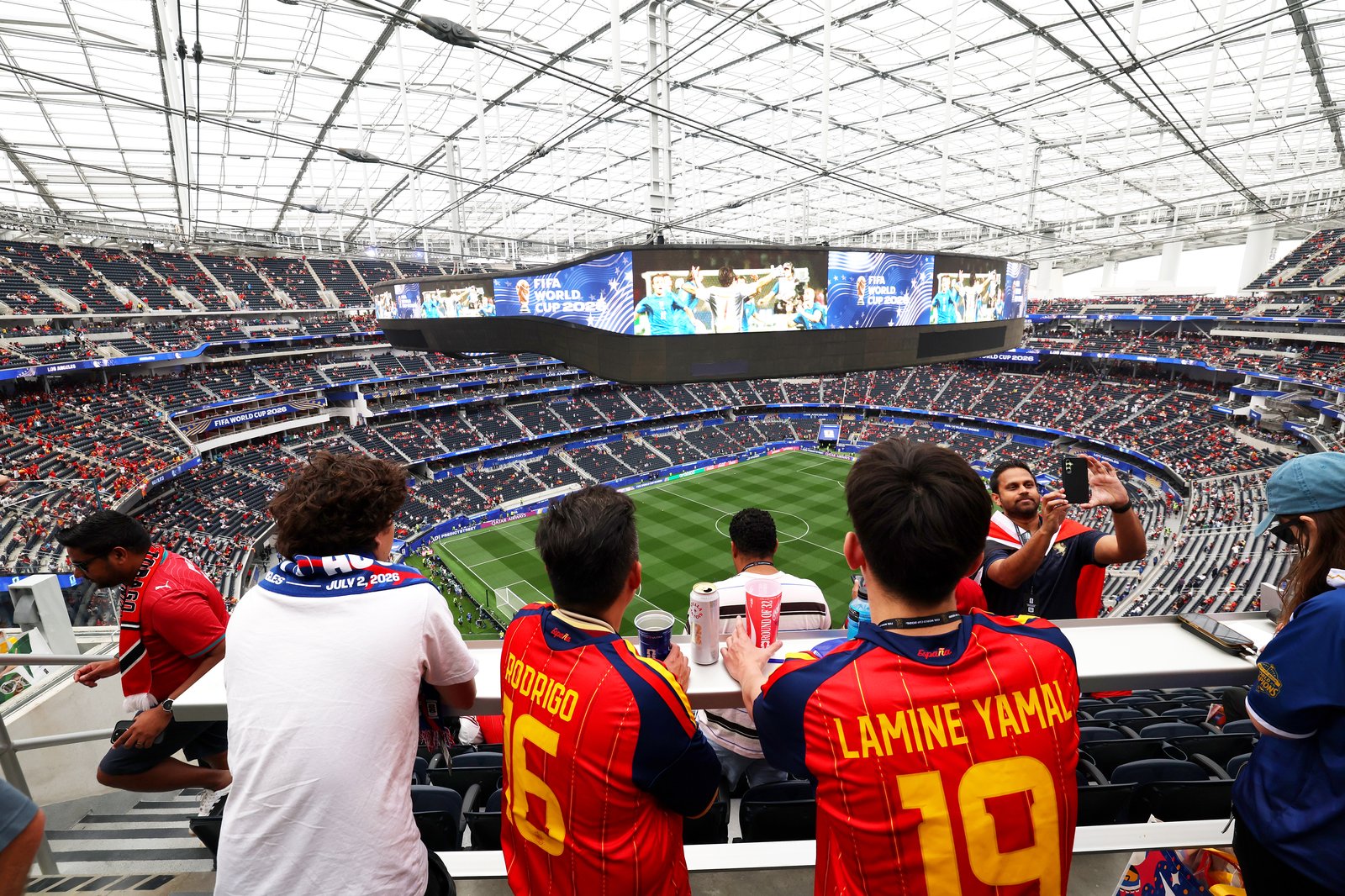 Innenansicht des Los Angeles Stadium vor dem Anpfiff des Sechzehntelfinals der WM 2026 zwischen Spanien und Österreich. Aufgenommen am 2. Juli 2026 in Inglewood, Kalifornien. (Charlotte Wilson / Getty Images)