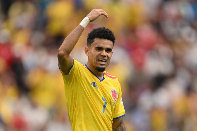 Kolumbiens Luis Díaz reagiert während des Achtelfinals der WM 2026 gegen die Schweiz am 7. Juli 2026 im BC Place in Vancouver. (David Ramos / Getty Images North America via Getty Images)