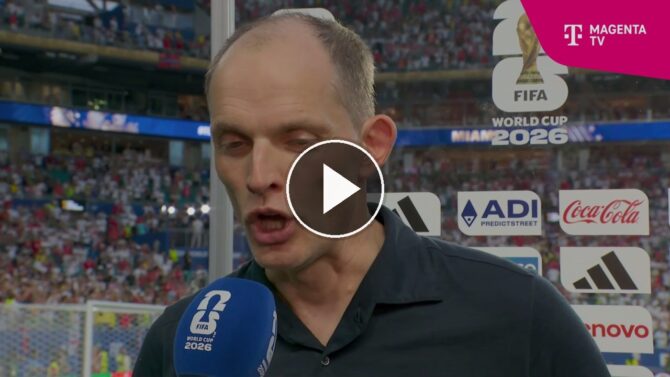 Englands Trainer Thomas Tuchel im MagentaTV-Interview nach dem Viertelfinal-Sieg gegen Norwegen in Miami.