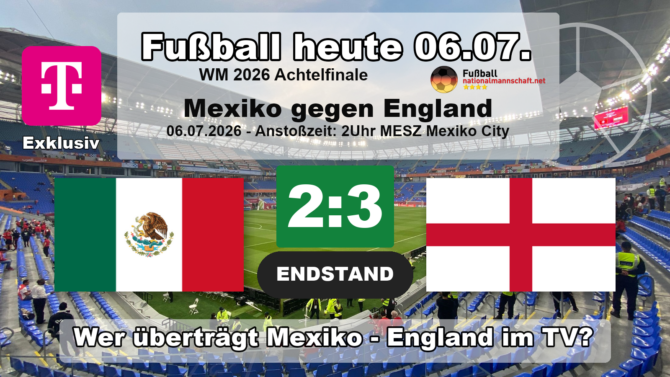 Endstand des WM-2026-Achtelfinals im Aztekenstadion: Mexiko verliert mit 2:3 gegen England, das ins Viertelfinale einzieht.