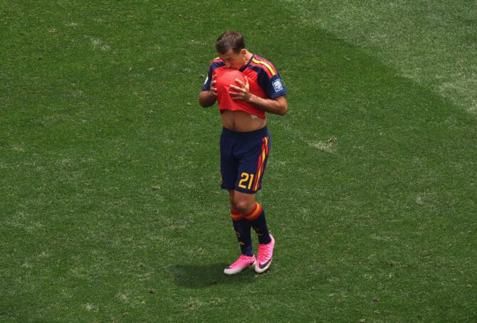 Spaniens Mikel Oyarzabal (Nummer 21) bejubelt seinen Treffer zur Führung im Sechzehntelfinale der WM 2026 zwischen Spanien und Österreich im Los Angeles Stadium am 2. Juli 2026 in Inglewood. (Charlotte Wilson / Getty Images)