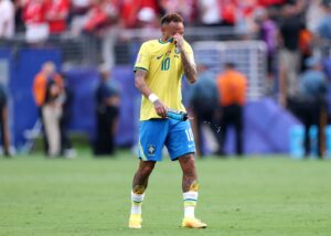 Brasiliens Neymar reagiert enttäuscht nach der 1:2-Niederlage im WM-2026-Achtelfinale gegen Norwegen. Aufgenommen am 5. Juli 2026 im New York New Jersey Stadium in East Rutherford. (Justin Setterfield / Getty Images North America via Getty Images)