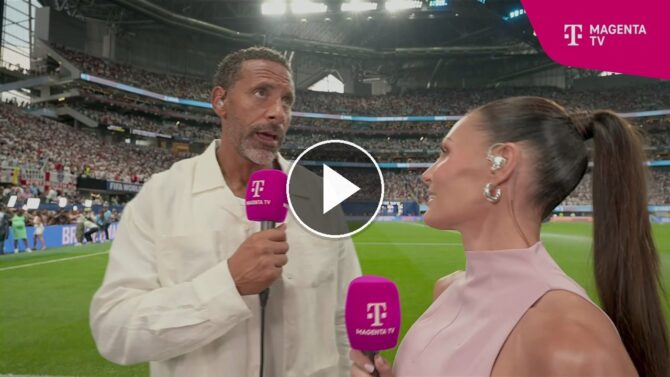 Rio Ferdinand im MagentaTV-Interview mit Kamila Benschop vor dem WM-Halbfinale England gegen Argentinien. (Screenshot: MagentaTV)