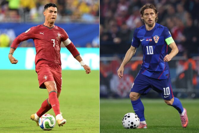 Eine Bildkombination zeigt die beiden Superstars vor dem Sechzehntelfinale der WM 2026: Portugals Cristiano Ronaldo (links) und Kroatiens Kapitän Luka Modrić. Portugal und Kroatien treffen im Toronto Stadium in Toronto aufeinander. (Copyright AFP/Roberto Schmidt)