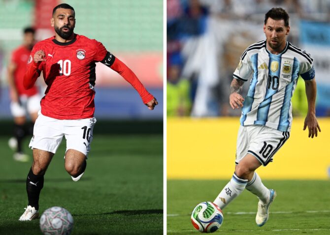 Bildkombination zum WM-Achtelfinale zwischen Argentinien und Ägypten: Links Ägyptens Stürmer Mohamed Salah, rechts Argentiniens Superstar Lionel Messi. Beide Mannschaften treffen am 7. Juli 2026 im Atlanta Stadium in Atlanta aufeinander. (Photo by Franck FIFE and Roberto SCHMIDT / AFP)