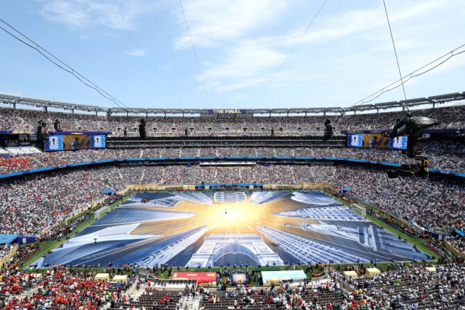 Blick auf die Bühne der Schlussfeier vor dem WM-Finale 2026 zwischen Spanien und Argentinien am 19. Juli 2026 im MetLife Stadium. (Elsa / Getty Images North America via Getty Images)