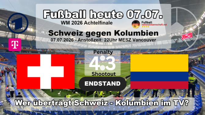 Schweiz gegen Kolumbien 0:0, 4:3 im Elfmeterschießen: Endstand-Grafik zum WM-2026-Achtelfinale am 07.07.2026 mit den Flaggen der Schweiz und Kolumbiens.