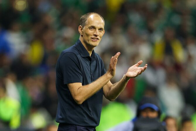 Englands Trainer Thomas Tuchel reagiert an der Seitenlinie während des WM-2026-Achtelfinals gegen Mexiko. Aufgenommen am 5. Juli 2026 im Mexico City Stadium in Mexiko-Stadt. (Francois Nel / Getty Images South America via Getty Images)