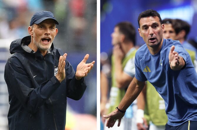 Bildkombination vor dem WM-2026-Halbfinale: Englands deutscher Trainer Thomas Tuchel (links) und Argentiniens Trainer Lionel Scaloni duellieren sich am 15. Juli 2026 im Atlanta Stadium. (Foto: Charly Triballeau und Odd Andersen / AFP)