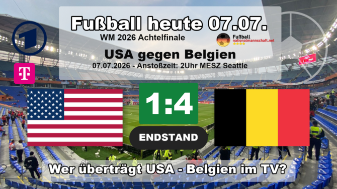 Fußball heute ARD: USA gegen Belgien endete 1:4, Endstand des WM 2026 Achtelfinals.