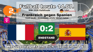 Frankreich gegen Spanien 0:2: Endstand-Grafik zum WM 2026 Halbfinale am 14. Juli 2026 im Dallas Stadium, übertragen live im ZDF und bei MagentaTV