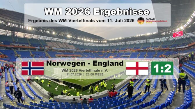 WM 2026 Ergebnis: Norwegen verliert das Viertelfinale gegen England mit 1:2 nach Verlängerung (11. Juli 2026). Grafik: fussballnationalmannschaft.net