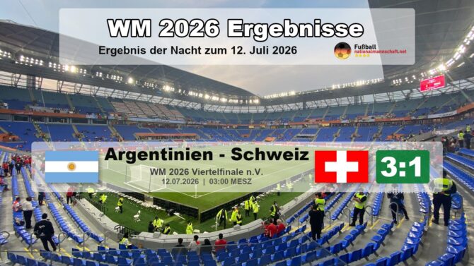 WM 2026 Ergebnis: Argentinien schlägt die Schweiz im Viertelfinale mit 3:1 nach Verlängerung (Nacht zum 12. Juli 2026). Grafik: fussballnationalmannschaft.net