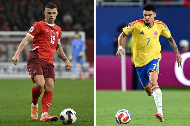 Bildkombination zum WM-Achtelfinale zwischen der Schweiz und Kolumbien: Links der Schweizer Mittelfeldspieler Granit Xhaka, rechts Kolumbiens Offensivspieler Luis Díaz. Beide Teams stehen sich am 7. Juli 2026 im Stadion von Vancouver gegenüber. (Photo by Fabrice COFFRINI and Chandan KHANNA / AFP)