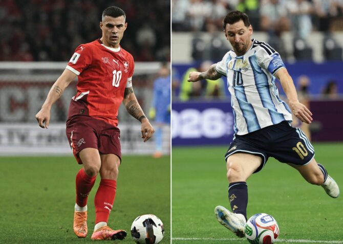 Zwei Spielmacher mit der Nummer 10 im Duell: Schweizer Kapitän Granit Xhaka und Argentiniens Superstar Lionel Messi stehen sich im Viertelfinale der WM 2026 am 11. Juli in Kansas City gegenüber. (Foto: Fabrice Coffrini und Aric Becker / AFP)