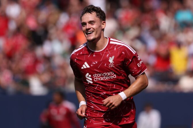 Florian Wirtz jubelt über sein Tor für den FC Liverpool: Der deutsche Nationalspieler traf in der ersten Halbzeit des Testspiels gegen Leeds United am 2. August 2026 im Soldier Field in Chicago. Geoff Stellfox / Getty Images North America via Getty Images
