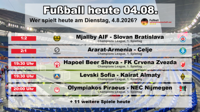 Fußball heute am 4. August 2026: Spielplan-Grafik mit allen Partien und Anstoßzeiten