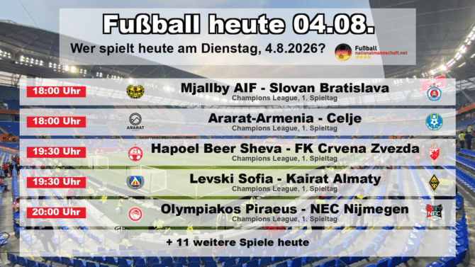 Fußball heute am 4. August 2026: Spielplan-Grafik mit allen Partien und Anstoßzeiten