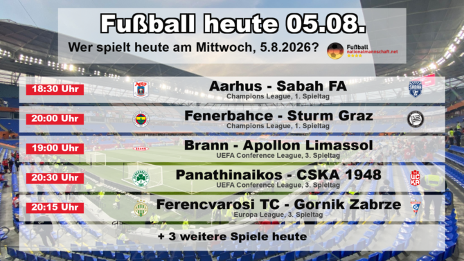 Fußball heute am 5. August 2026: Spielplan-Grafik mit allen Partien und Anstoßzeiten