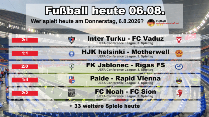 Fußball heute am 6. August 2026: Spielplan-Grafik mit allen Partien und Anstoßzeiten