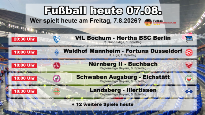 Fußball heute am 7. August 2026: Spielplan-Grafik mit allen Partien und Anstoßzeiten