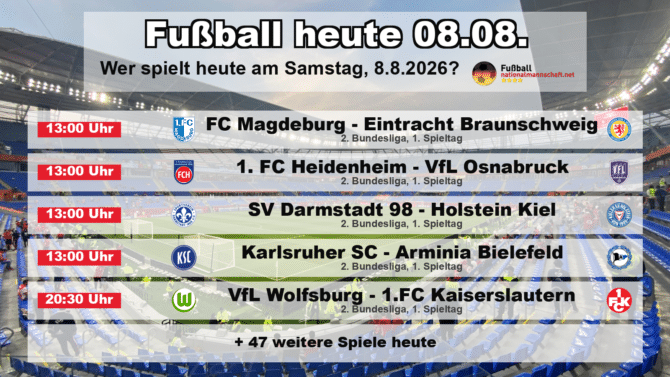 Fußball heute am 8. August 2026: Spielplan-Grafik mit allen Partien und Anstoßzeiten