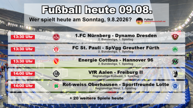 Fußball heute am 9. August 2026: Spielplan-Grafik mit allen Partien und Anstoßzeiten
