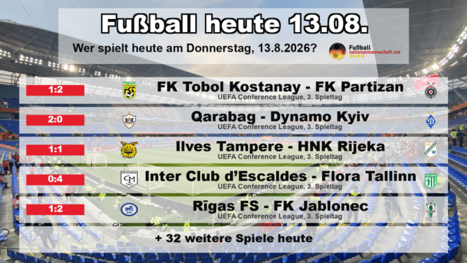 Fußball heute am 13. August 2026: Spielplan-Grafik mit allen Partien und Anstoßzeiten