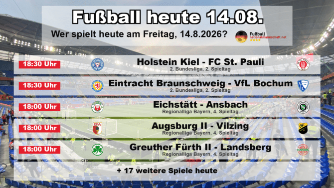 Fußball heute am 14. August 2026: Spielplan-Grafik mit allen Partien und Anstoßzeiten