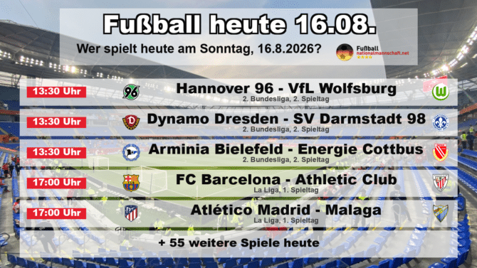 Fußball heute am 16. August 2026: Spielplan-Grafik mit allen Partien und Anstoßzeiten