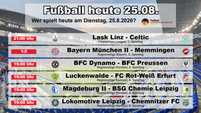 Fußball heute am 25. August 2026: Spielplan-Grafik mit allen Partien und Anstoßzeiten