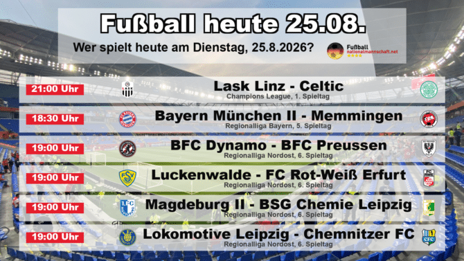 Fußball heute am 25. August 2026: Spielplan-Grafik mit allen Partien und Anstoßzeiten