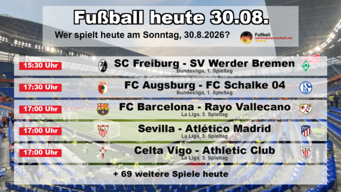 Fußball heute am 30. August 2026: Spielplan-Grafik mit allen Partien und Anstoßzeiten