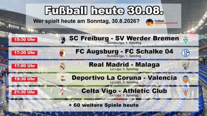 Fußball heute am 30. August 2026: Spielplan-Grafik mit allen Partien und Anstoßzeiten