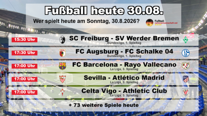 Fußball heute am 30. August 2026: Spielplan-Grafik mit allen Partien und Anstoßzeiten