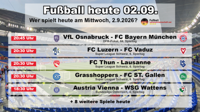 Fußball heute am 2. September 2026: Spielplan-Grafik mit allen Partien und Anstoßzeiten