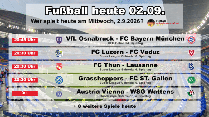 Fußball heute am 2. September 2026: Spielplan-Grafik mit allen Partien und Anstoßzeiten