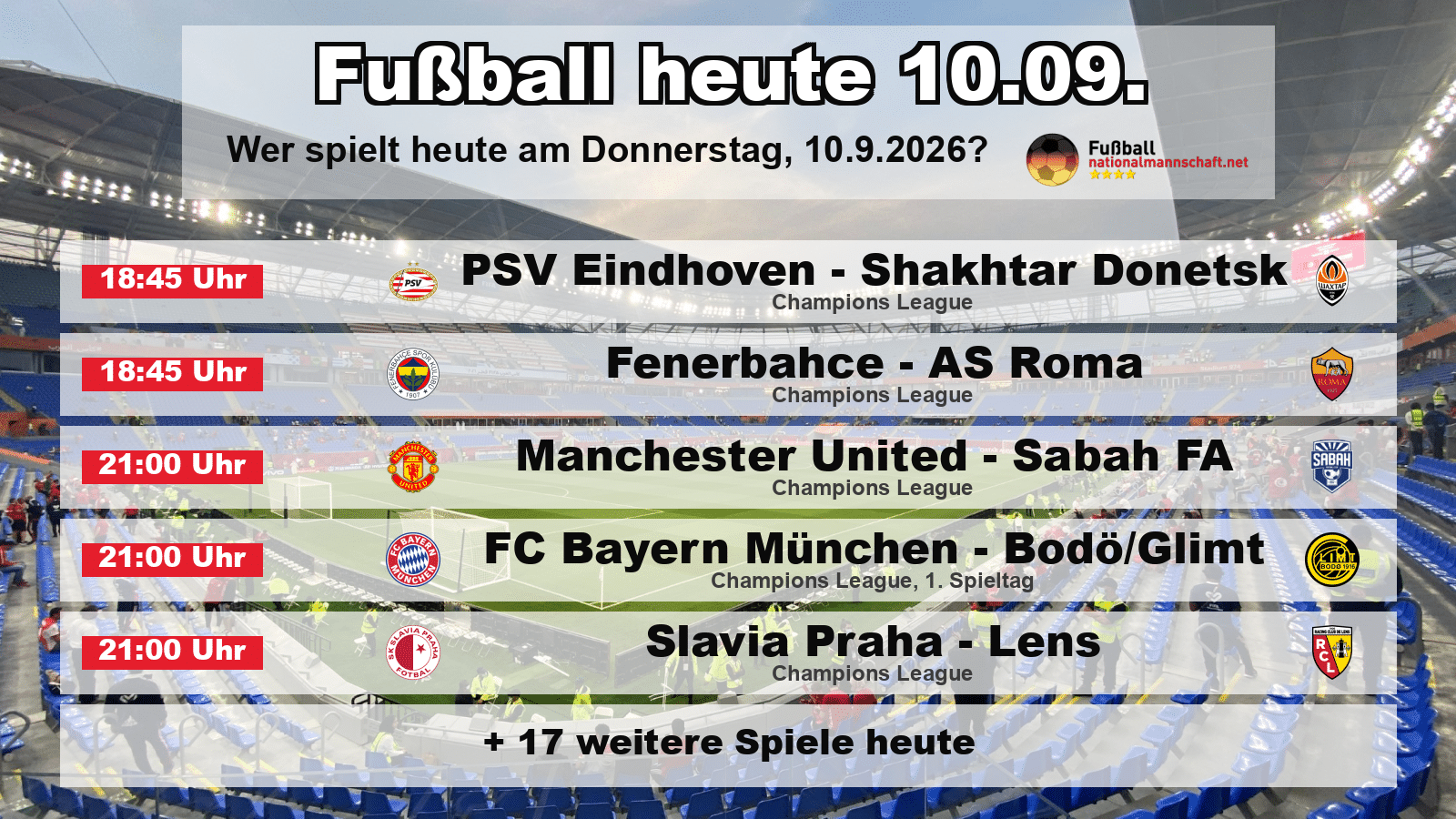 Fußball heute: Wer spielt heute am 10.9.2026? Bayern startet gegen Bodø/Glimt