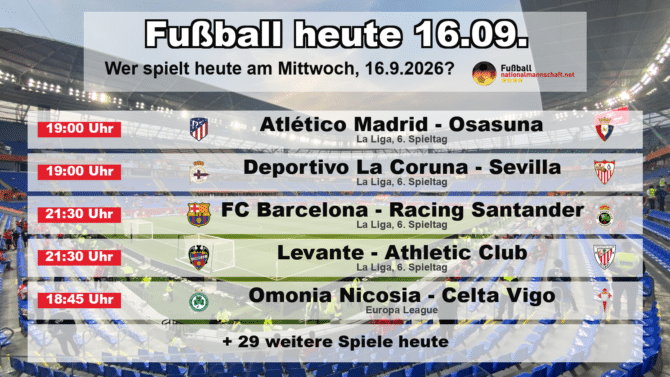 Fußball heute am 16. September 2026: Spielplan-Grafik mit allen Partien und Anstoßzeiten